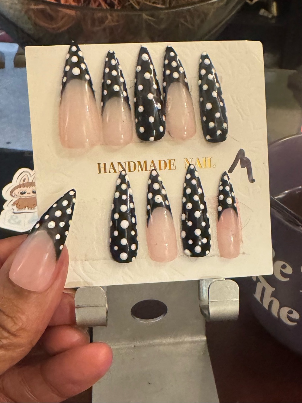 Black Polka Dot Stiletto Press-On Nails (Medium)